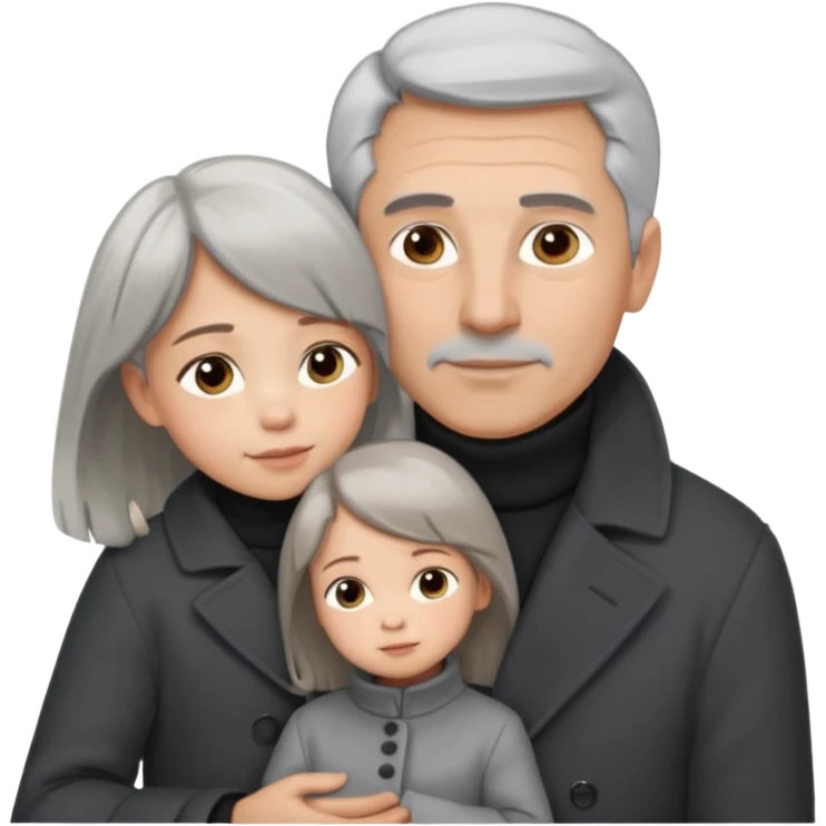 A father with silver-grey hair styled neatly and a clean-shaven face, wearing a dark turtleneck and wool coat, holding his girl child gently. The child has light brown hair and a soft white dress. Warm cinematic lighting, emotional close-up. emoji