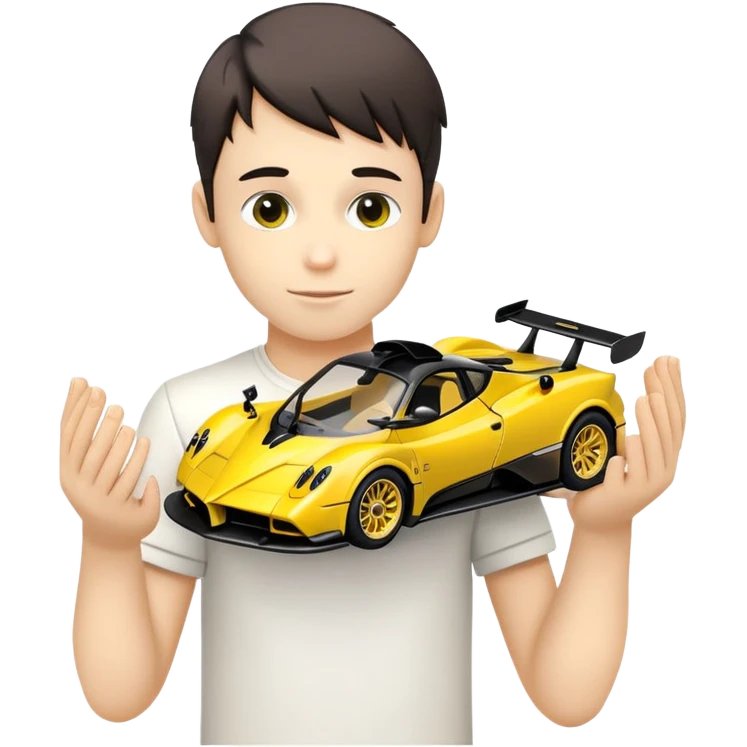 roblox-style boy holds in his hands a scale model of pagani zonda car emoji