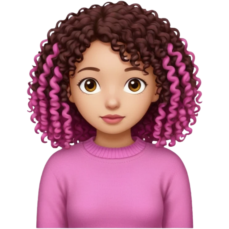 Uma menina negra da pele clara magra definida com roupa de malha rosa com cabelo cacheados  castanho escuro grandão até a bunda sem muito volume no cabelo emoji