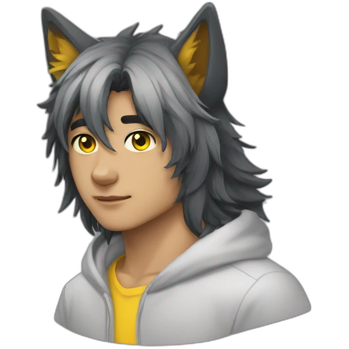 Young man long black hair wolf ears yellow eyes emoji