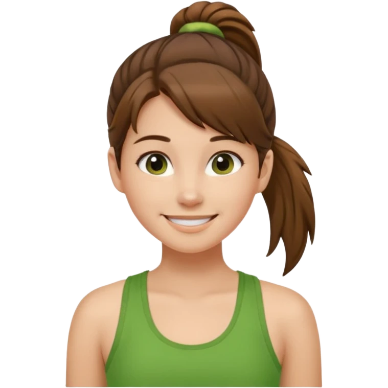 Девушка с одним хвостом, коричневые волосы и пряди у лица, в зеленой майке радуется, светлая кожа  emoji