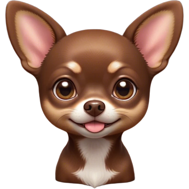 Cinematic Cute Chocolate Short Haired Chihuahua Portrait Emoji, Head tilted playfully and inquisitively, smooth chocolate fur with a lustrous sheen, round, sparkling dark eyes filled with curiosity, Simplified yet irresistibly adorable features, highly detailed, glowing with a warm, friendly glow, high shine, affectionate and lively, stylized with a touch of whimsy, bright and endearing, soft glowing outline, capturing the essence of a mischievous yet loving pup, so playful it feels like it could bound out of the screen and into your arms! emoji