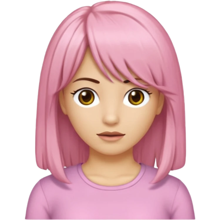 Uma garota de cabelos castanhos escovados médios, side bangs jogada para a direita, uma blusa branca estilo anos 2000 com detalhes em renda óculos com armação douradas e lábios rosados emoji
