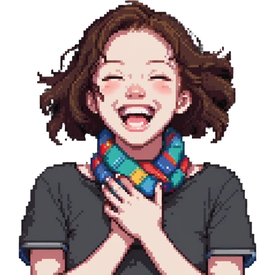 girl with her hands wrapped around her own neck, laughing, tongue stuck out emoji