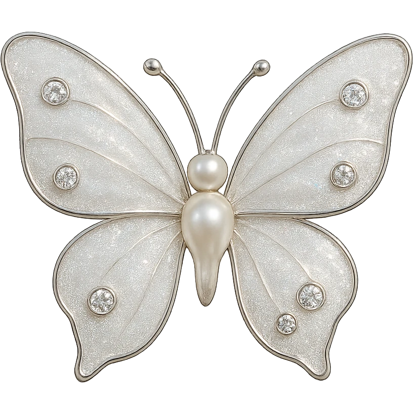 single pearl white butterfly, shimmering white enamel, sparkling gems, transparent background emoji