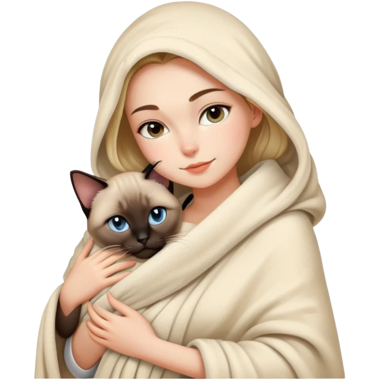 A beautiful and sexy Caucasian girl wrapped in a blanket hugging a Siamese cat emoji