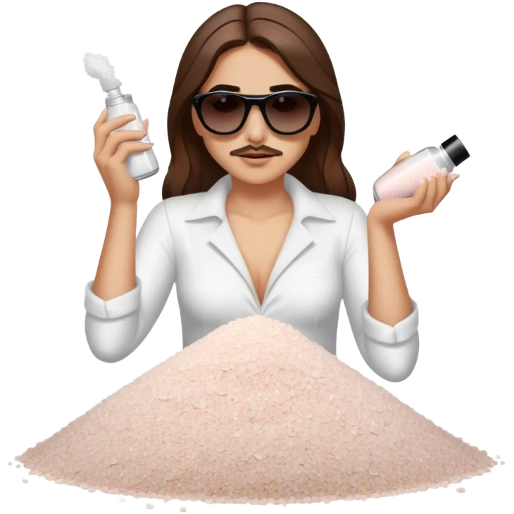 White woman with brown hair posing as salt bae with sunglasses sprinkling salt on top of a pile of makeup emoji