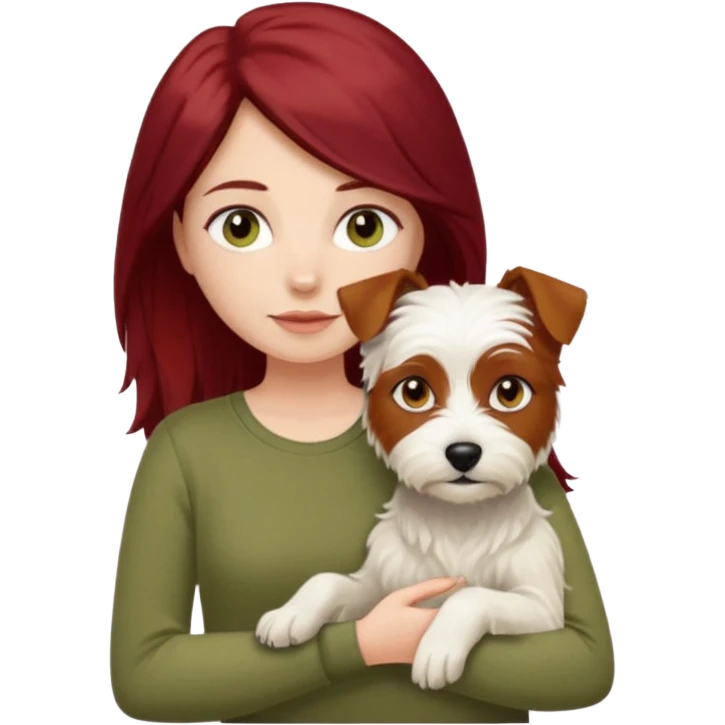 white terrier dog being held by woman with dark red long hair and hazel eye wearing olive green top emoji