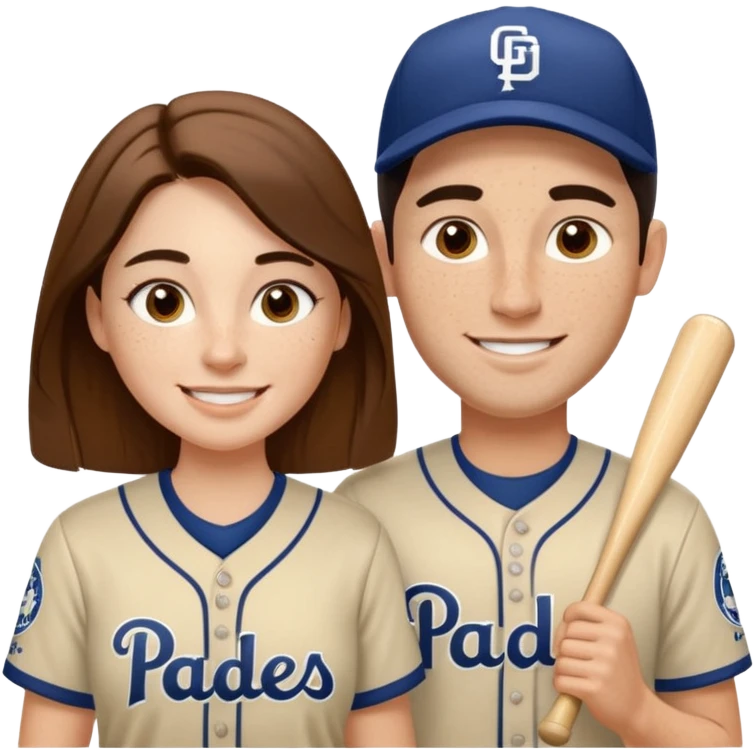 *White* Smiling couple. Woman has big cheeks and a lot of freckles on the nose. long brown hair. Man has black and very short hair and prominent eyebrows with egipcian nose. Both are wearing “Los Padres” baseball jerseys and with a sign that says “Go Padres!” emoji