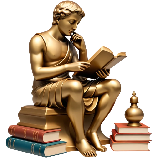 An icon featuring a thinker statue, a scroll, symbolizing philosophy. The design includes books and abstract symbols representing deep thought and wisdom. Transparent background highlights the study of ideas, logic, and existential questions emoji