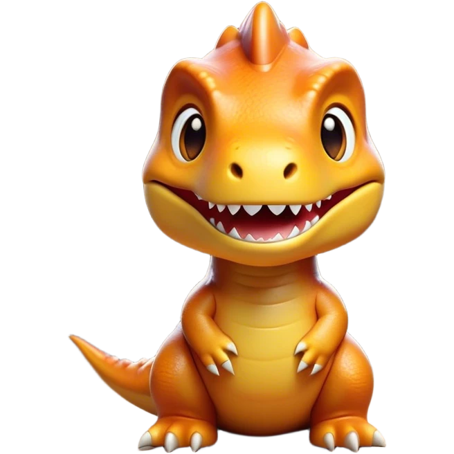 Cinematic Cute T-rex Portrait Emoji, Head tilted playfully with a big, endearing smile, featuring a compact, fierce yet friendly form with a massive head, tiny arms, and sparkling, mischievous eyes, Simplified yet irresistibly adorable features, highly detailed, glowing with a warm, inviting prehistoric glow, high shine, affectionate and lively, stylized with a touch of whimsical dinosaur charm, soft glowing outline, capturing the essence of a mischievous yet lovable T-rex that seems as if it could stomp out of the screen into your heart! emoji
