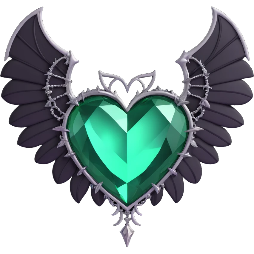 3D emoji gothic heart, emerald green crystal, silver bat wings, feather accents, lush and gothic style emoji