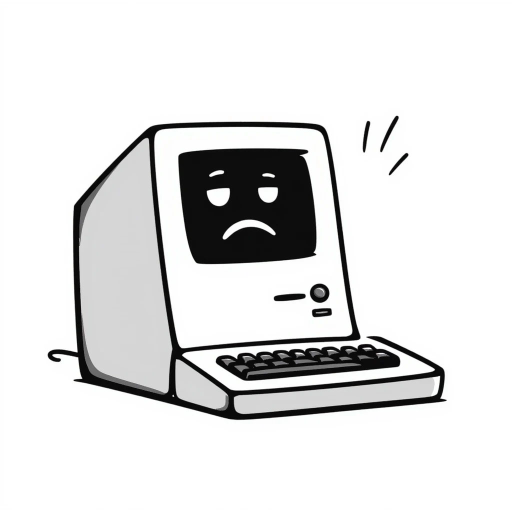Pixel art style old Macintosh computer with a sad glitchy face on the screen, simple monochrome linework emoji
