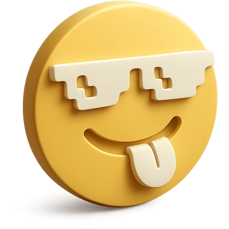 3d yellow emoji circle face with meme glasses, sticking tongue out emoji