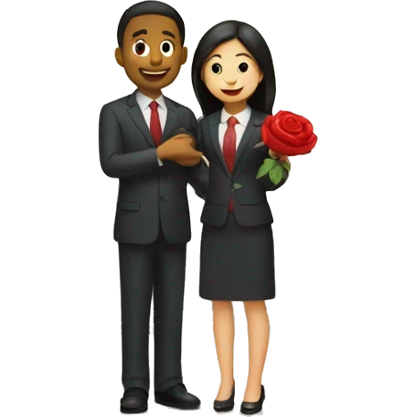 A girl wearing a suit holding a rose and purposing a tall dushy guy infront of a temple  emoji