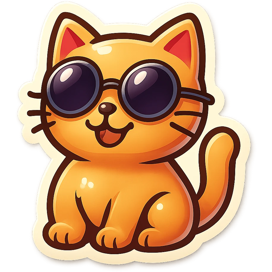 cartoon cat wearing round sunglasses, sticker style, cheerful expression emoji