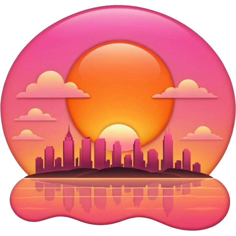“Simple sunset emoji 🌇 in clean 3D style, smooth rounded shapes, warm orange-pink sky, glossy shiny surface, soft studio lighting, cute emoji look, minimal city silhouette, no text, no shadow, no background (transparent), high-quality 3D render.” emoji