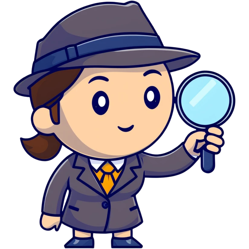 businesswoman with a detective hat and magnifying glass, looking closely at something emoji