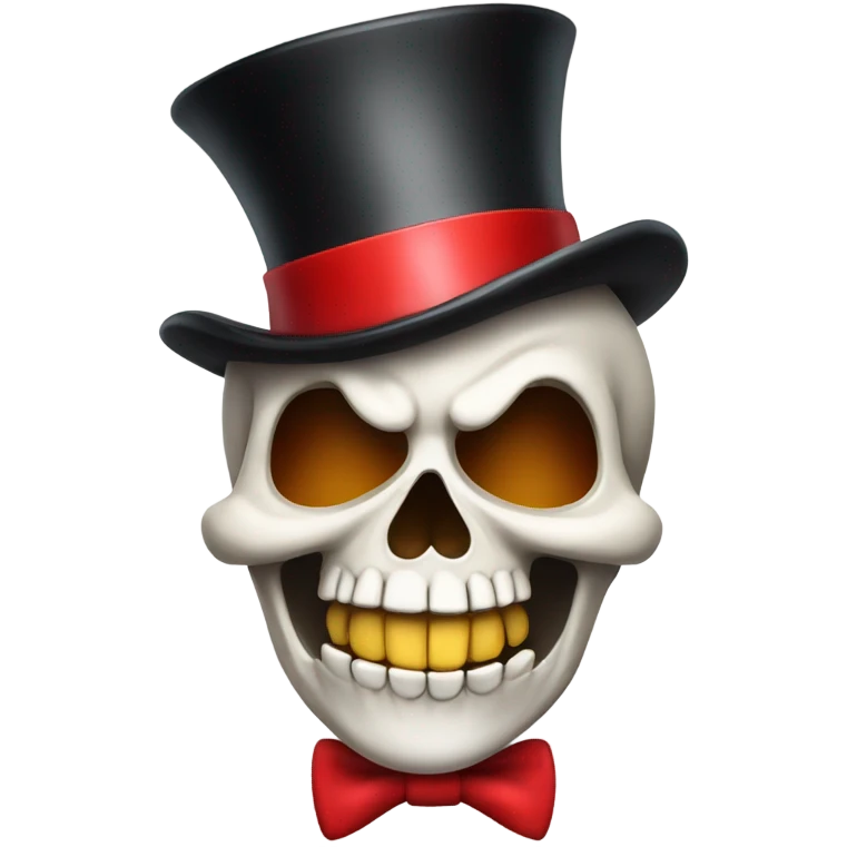 A skull laughing with a tear and a red top hat with bows on it emoji