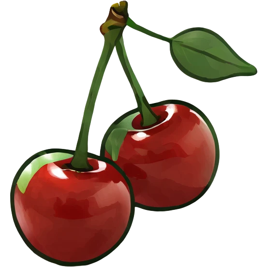 3D style pair of shiny red cherries with green stem emoji