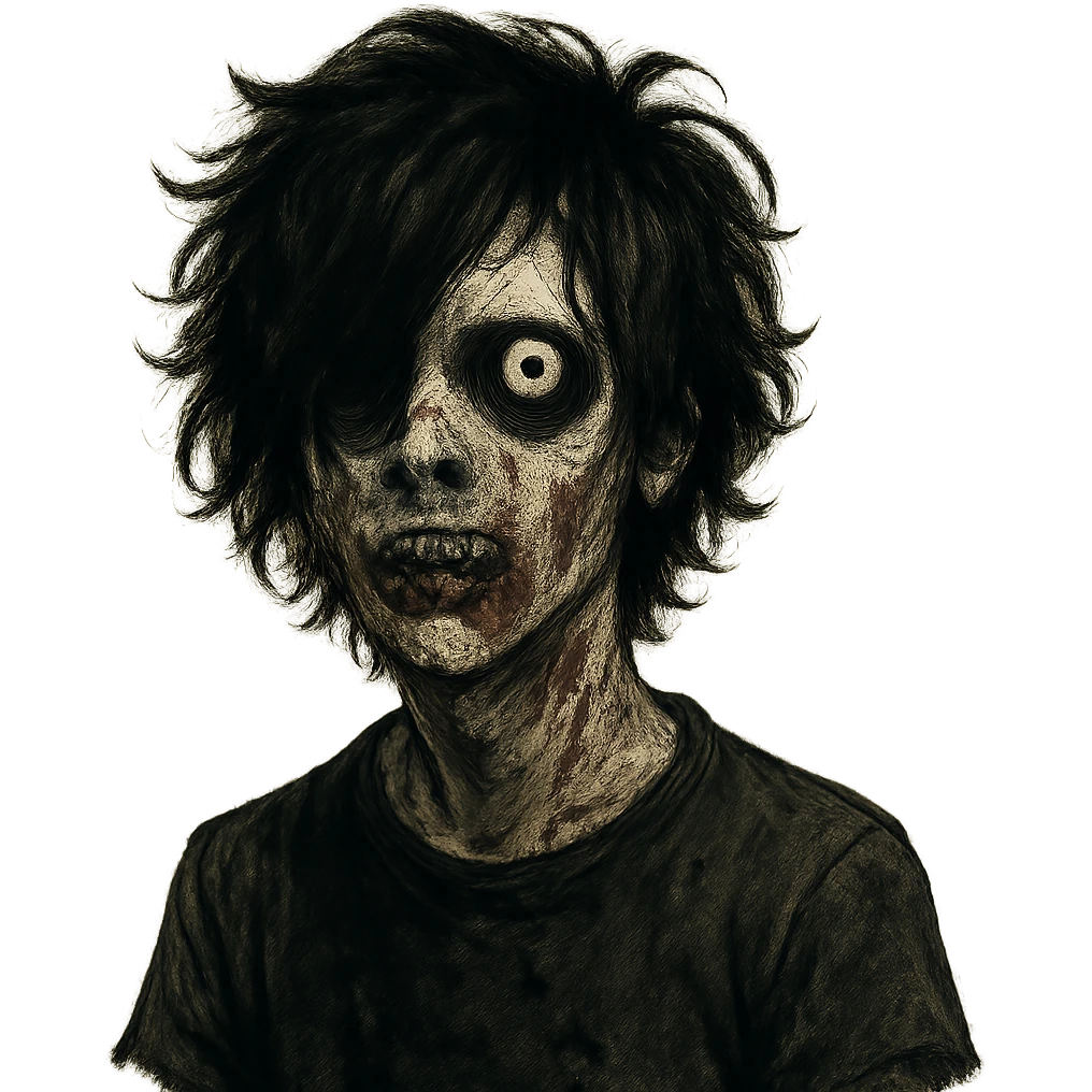 zombie boy with black, messy, curly, medium-length emo hair, creepy and spooky look emoji