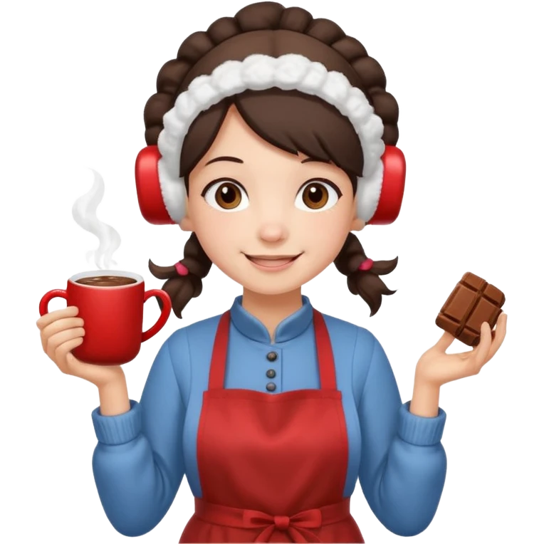 A cozy pig tail hair vendor with fluffy earmuffs, wearing apron handing out steaming cocoa with a warm smile. emoji