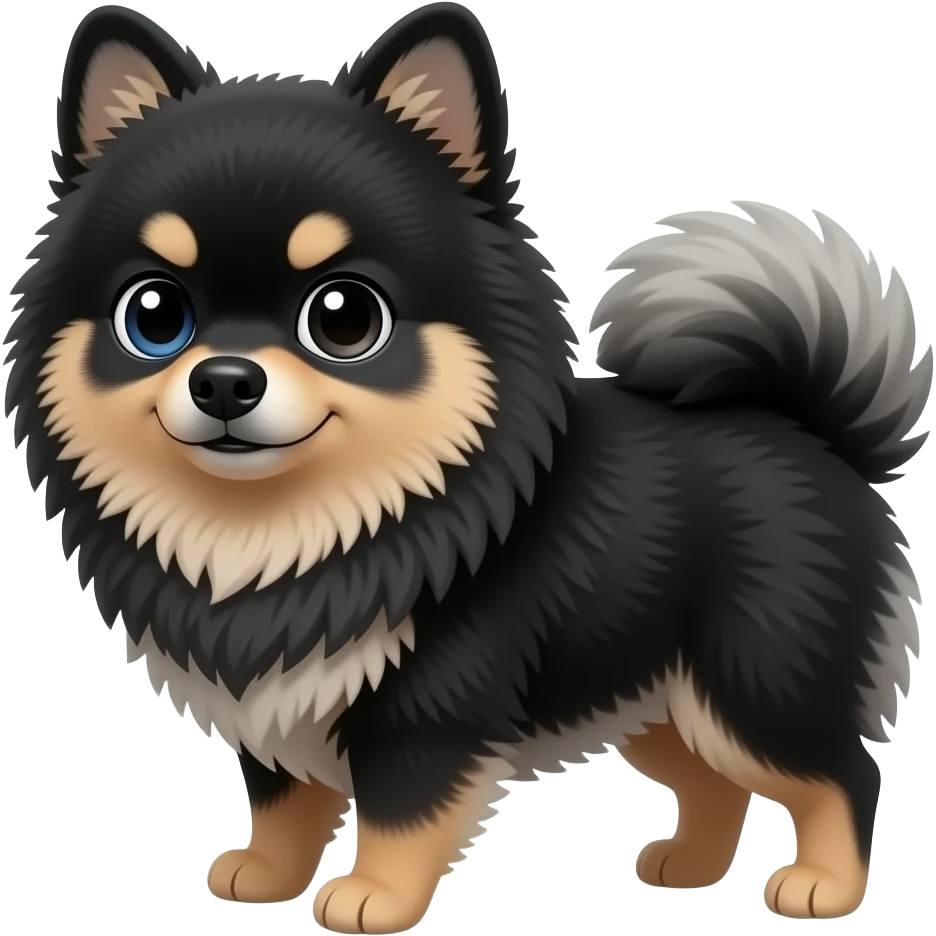 black pomeranian with black and gray fur. make sure his dominant color is black, his left eye is color blue, his right eye is color black. do not add white and brown color to his fur emoji