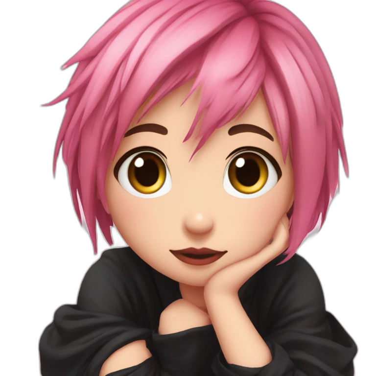 Full body Front view curvy emo girl pink hair sits on the floor straight view hands up black skirt полосатые рваные чулки emoji