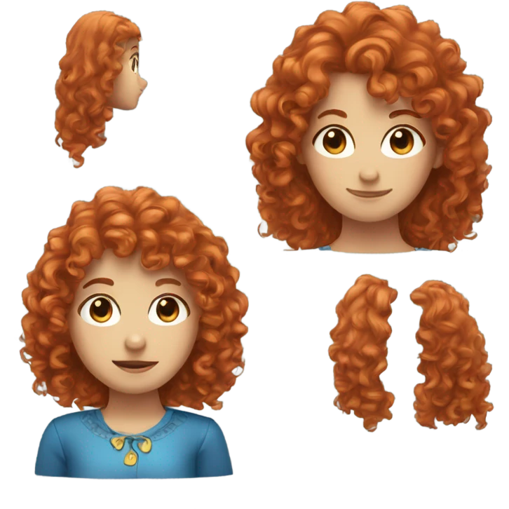 girl with curly red hair, bangs, and blue eye emoji