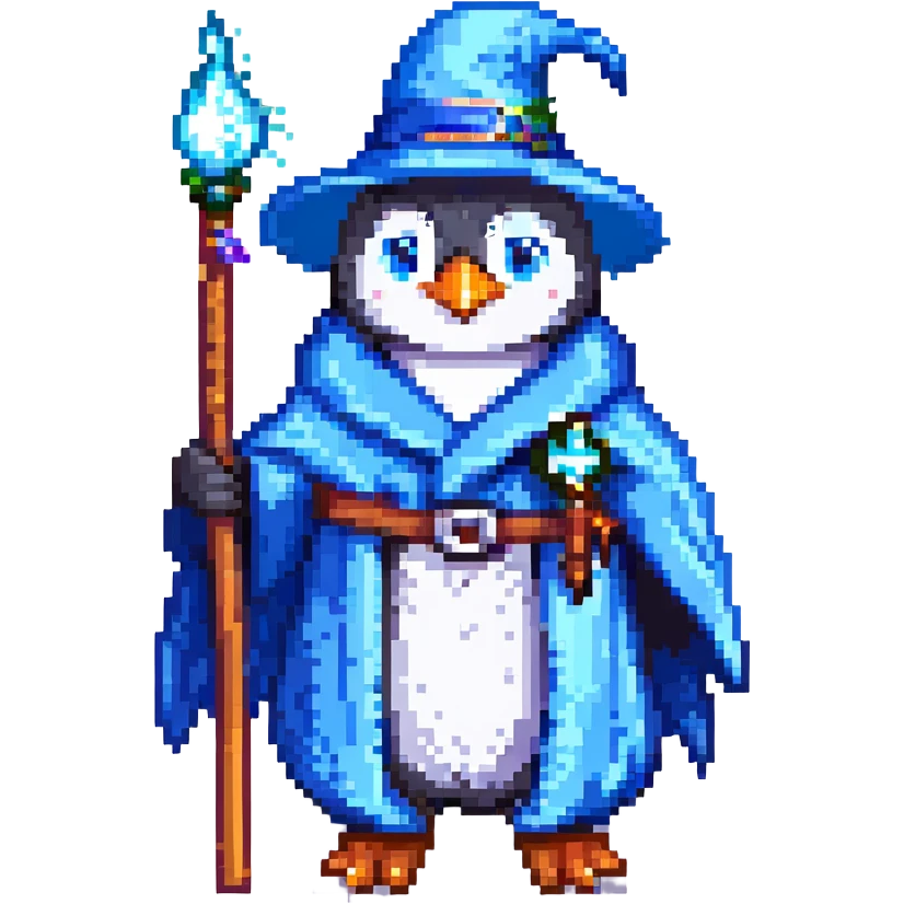 penguin wizard wearing a blue robe and holding a wand, pixel art style emoji