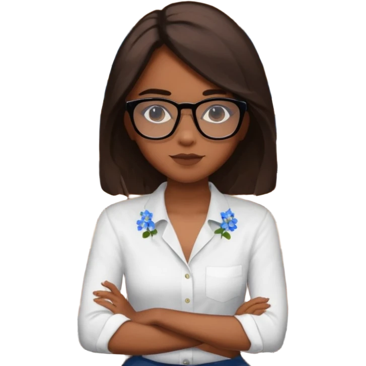 Créame una chica morena de pelo más o menos por los hombros con granitos en la cara y unas gafas negras, que esté sentado en una silla de bar con una camisa blanca con florecitas azules emoji