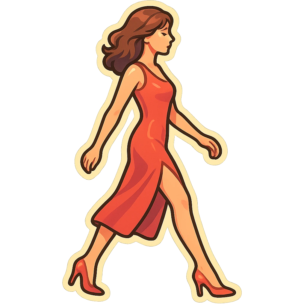 A girl walking from left to right, side view, wearing a red dress with a slit and high heels, retro-stickers style, thin clean contours, soft rounded shapes, detailed drawing with shadows and highlights, pastel palette #98B5BC, #B5B3C1, #C9A3C9, #E4C0CA, #F7DCD1, #F7C0AA, modern Japanese pop art, soft lighting, transparent background, no extra decoration, focus on movement and elegance. emoji