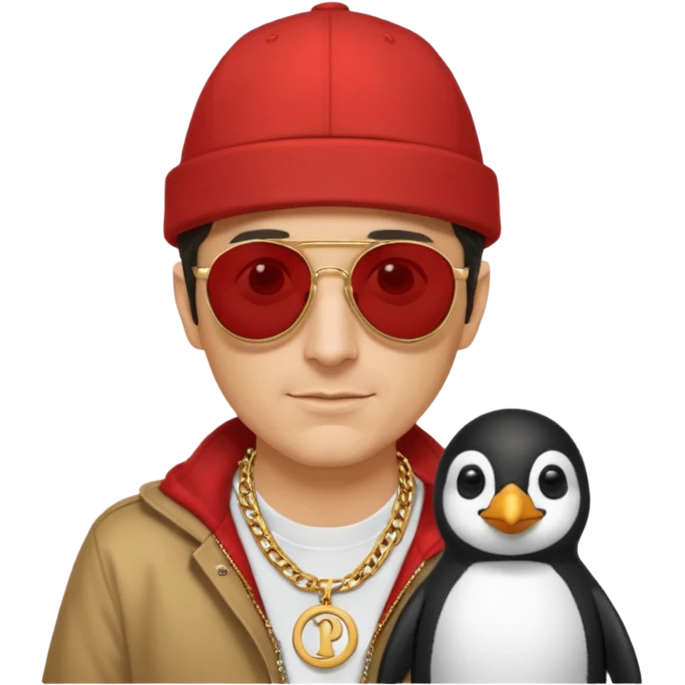 Mike D from Beastie Boys with dark sun glasses and large penguin medallion on gold chain and Red Hat with Mike D printed on hat emoji