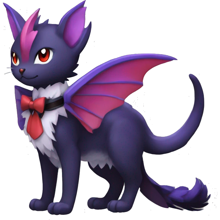  kawaii cute black purple red ethereal fantasy beautiful elegant nargacuga-Noivern-cat-Fakemon collar harness bow tie and bracers full body emoji