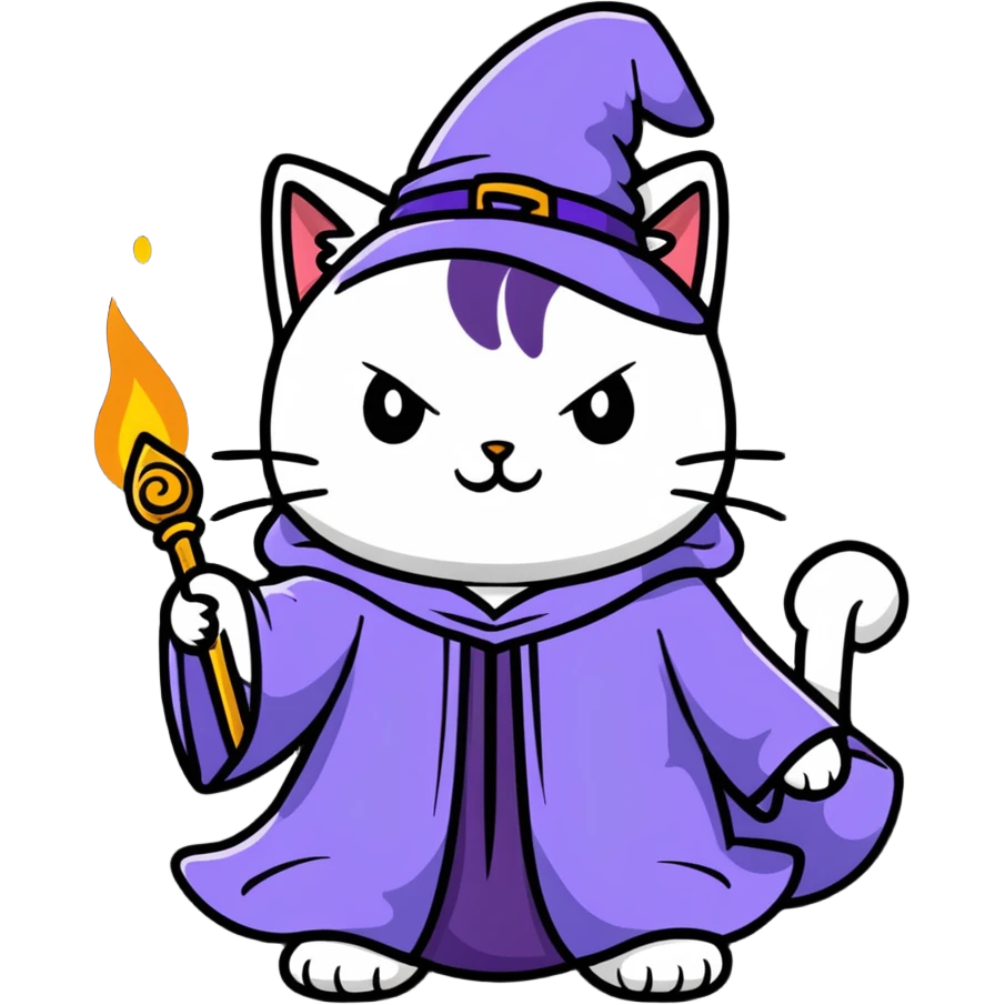 A cat wizard casting a spell with magical staff and flowing robes emoji