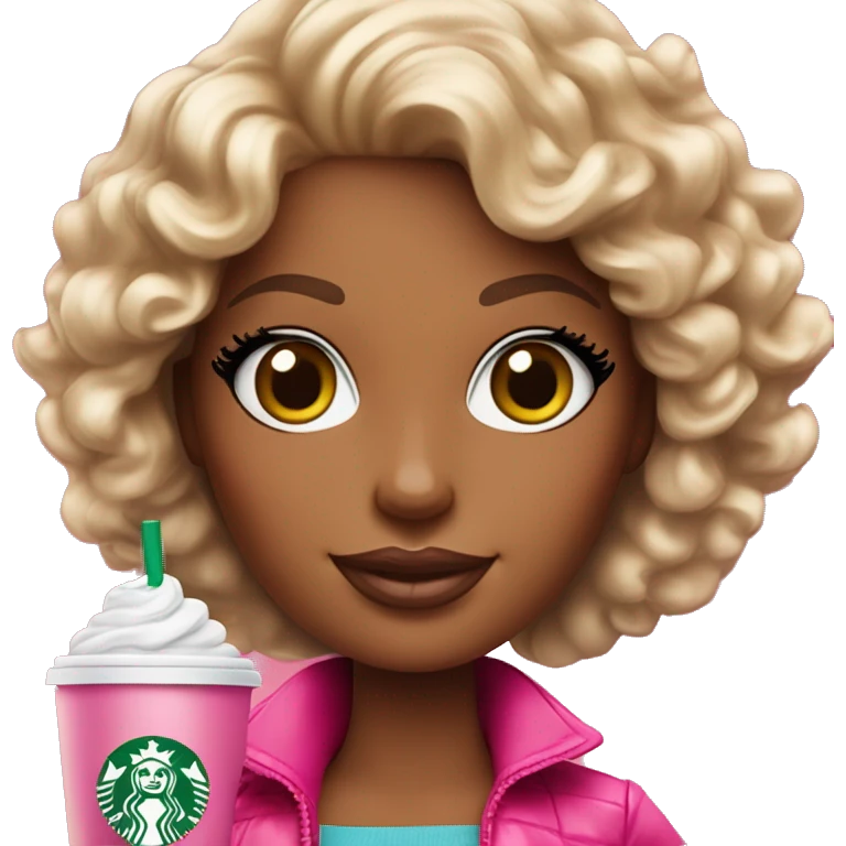 Barbie girl with curly hair holding Pink starbucks refresher emoji