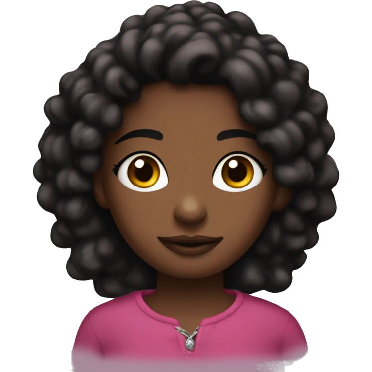 Una chica negra no muy oscura con un pircing en la nariz pelo rizado y ojos marrones y un top rosa emoji