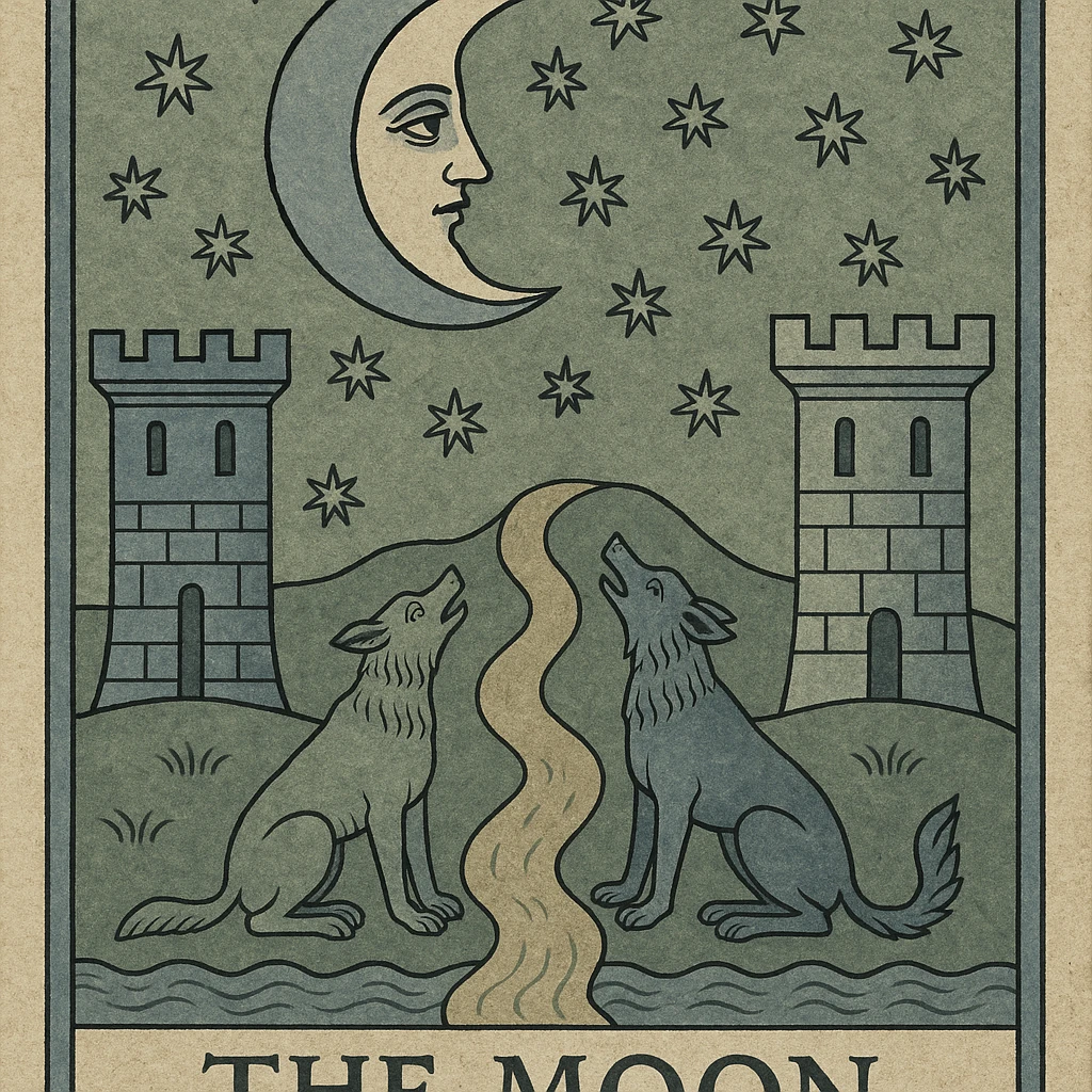 tarot card of The Moon in the style of the ancient Marseille tarot deck, featuring a large crescent moon, two towers, a path, a dog and a wolf howling, traditional hand-drawn look, muted colors, vintage mystical atmosphere emoji