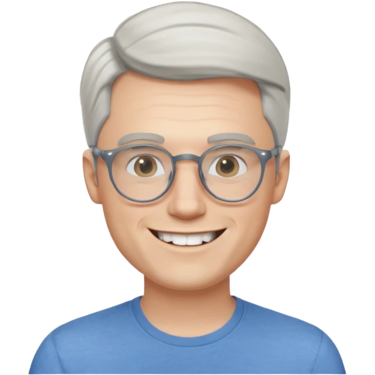 30 yr old pale white man, white/grey side swept stylish hair, round glasses, big smile, white teeth, handsome, longer hair, thin glasses, blue  shirt emoji