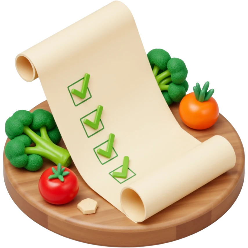 floating rolled paper list with green checkboxes and around vegetables emoji