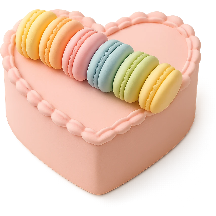 heart-shaped fondant cake with rainbow macarons emoji