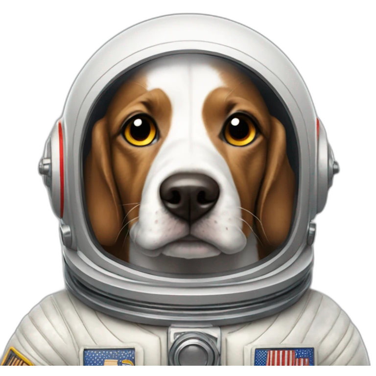 Speckled dog with white spots and a patch around the right eye, wearing an astronaut suit. emoji