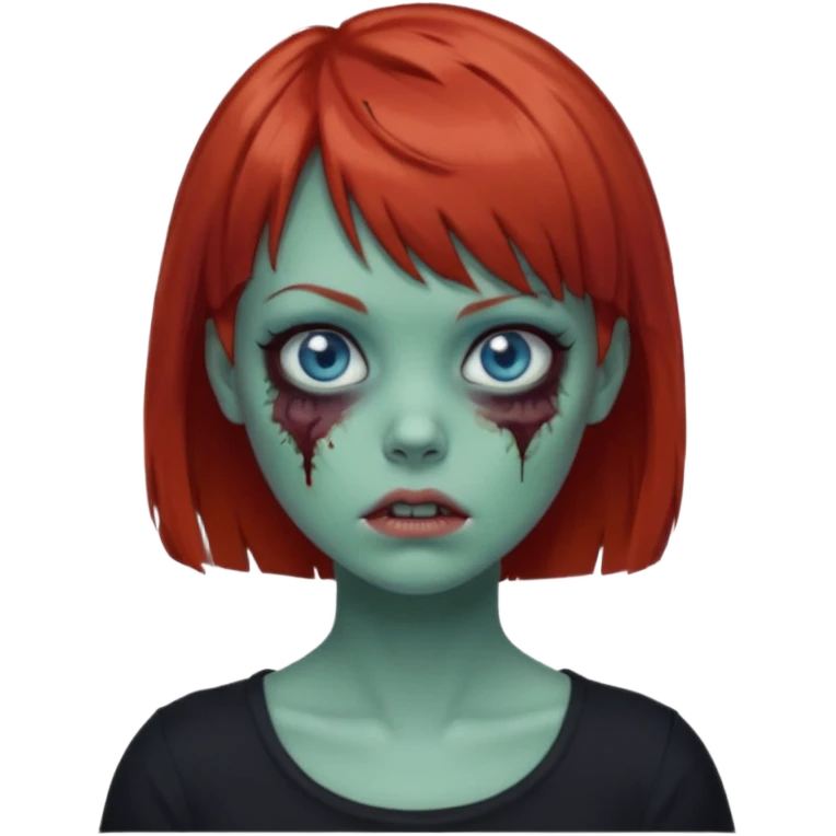 Zombie girl emoji with short red hair and bangs. Blue eyes, green skin, and a black top. emoji