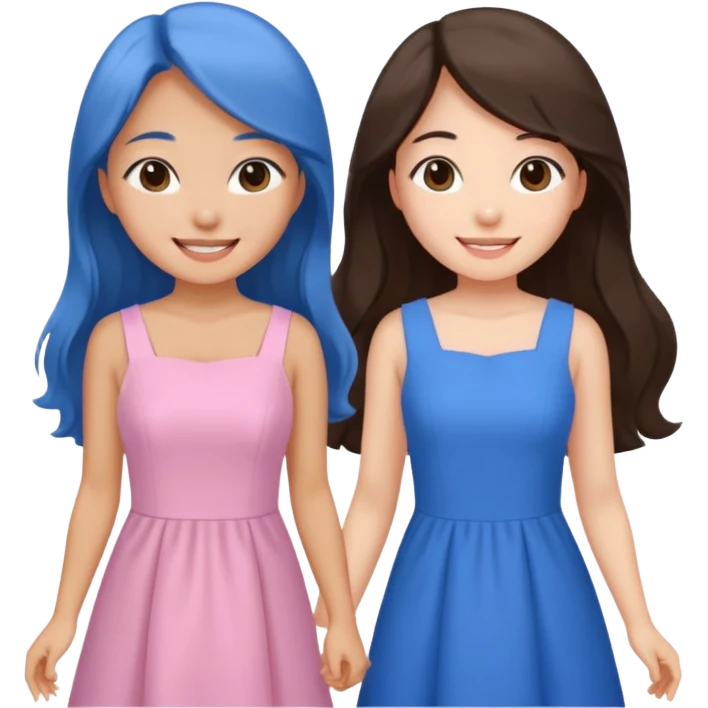 one Korean girl in blue and one white long haired brunette girl in light prink dresses smiling emoji