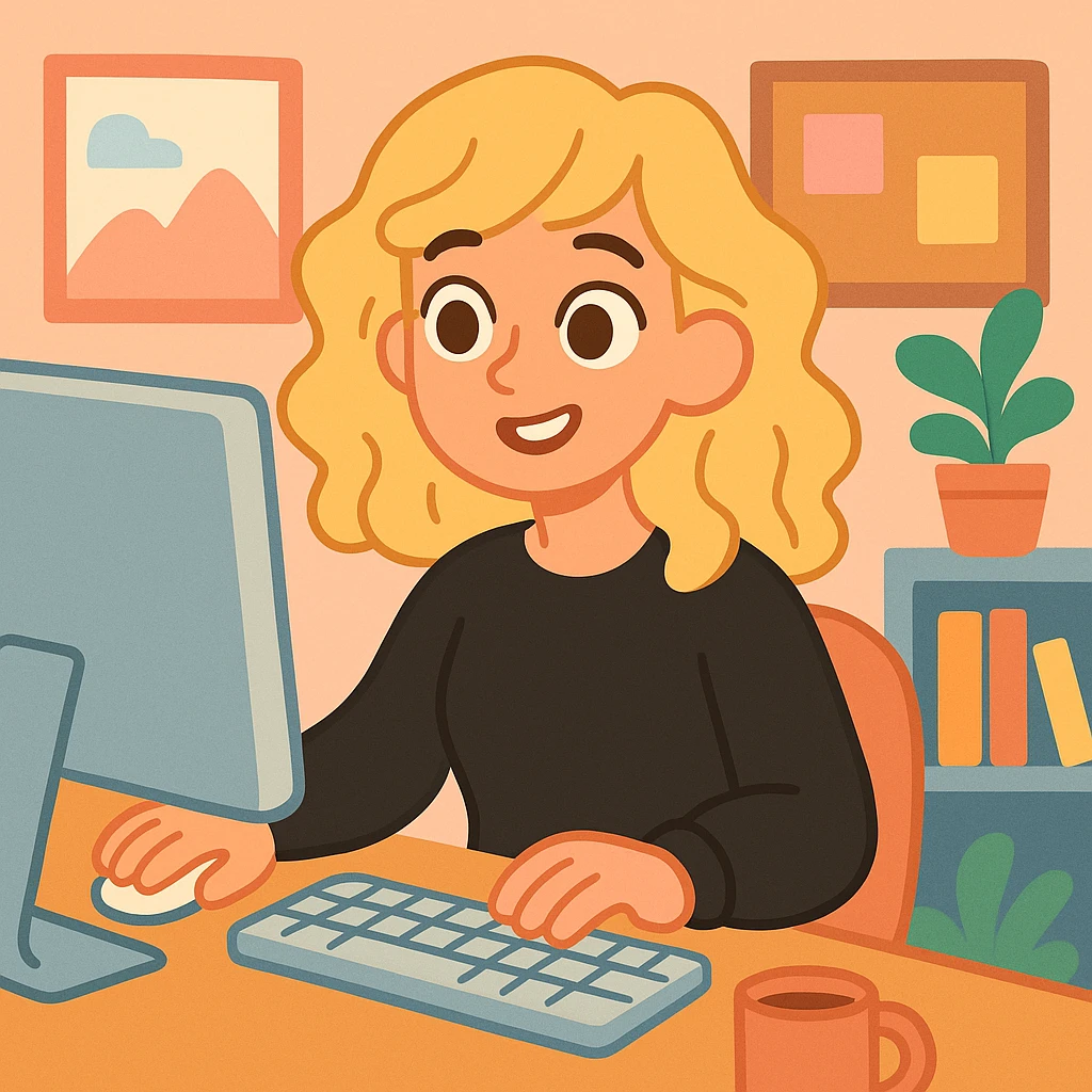 pretty brown-eyed blonde young woman with wavy hair, wearing a black sweater, working on a computer in a cozy office emoji