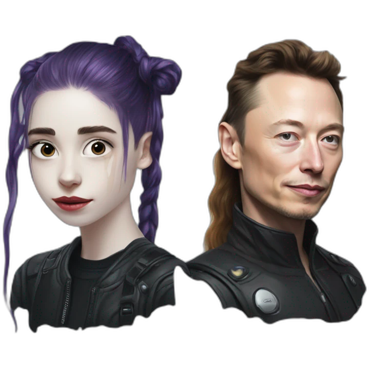 Grimes with milk spray on face, elon musk smirking, duo emoji