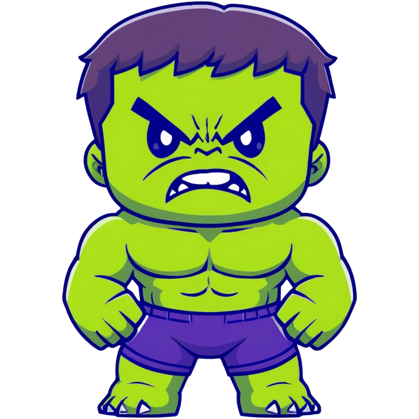 Chibi Hulk, cute small proportions, big head, tiny body, adorable angry expression, green skin, purple shorts emoji