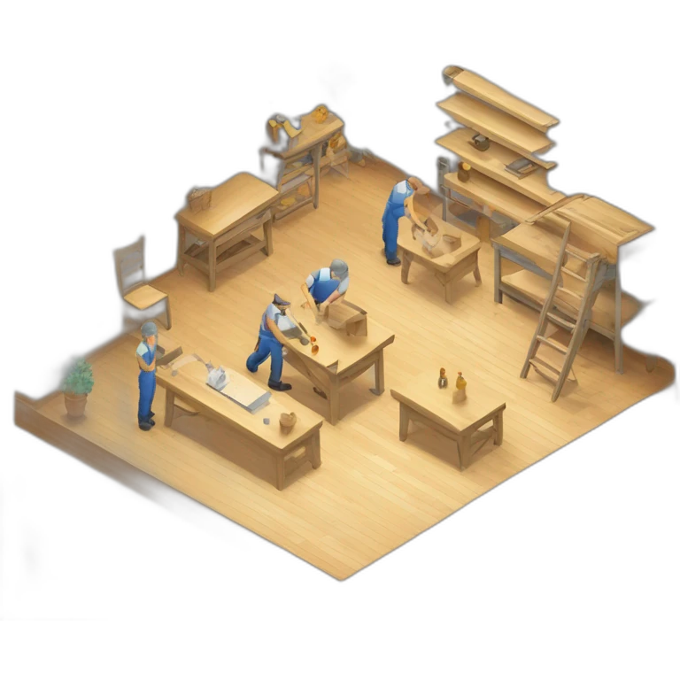 isometric square transparent solid outline border containing indoor woodshop people actively working grey floor emoji