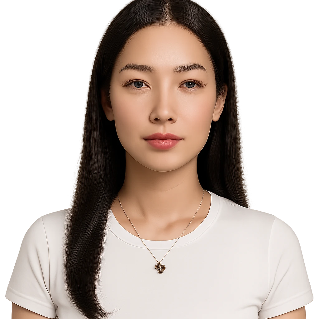 a calm and composed woman with long straight dark brown or black hair parted in the middle, smooth light glowing complexion, almond-shaped eyes with soft natural makeup, full pinkish coral lips, wearing a white fitted tee and a gold four-leaf clover necklace, calm and neutral expression, soft neutral gaze at the camera emoji