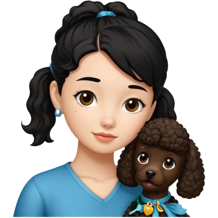 Ponytail black hair girl with brown Poodle say goodbye  emoji